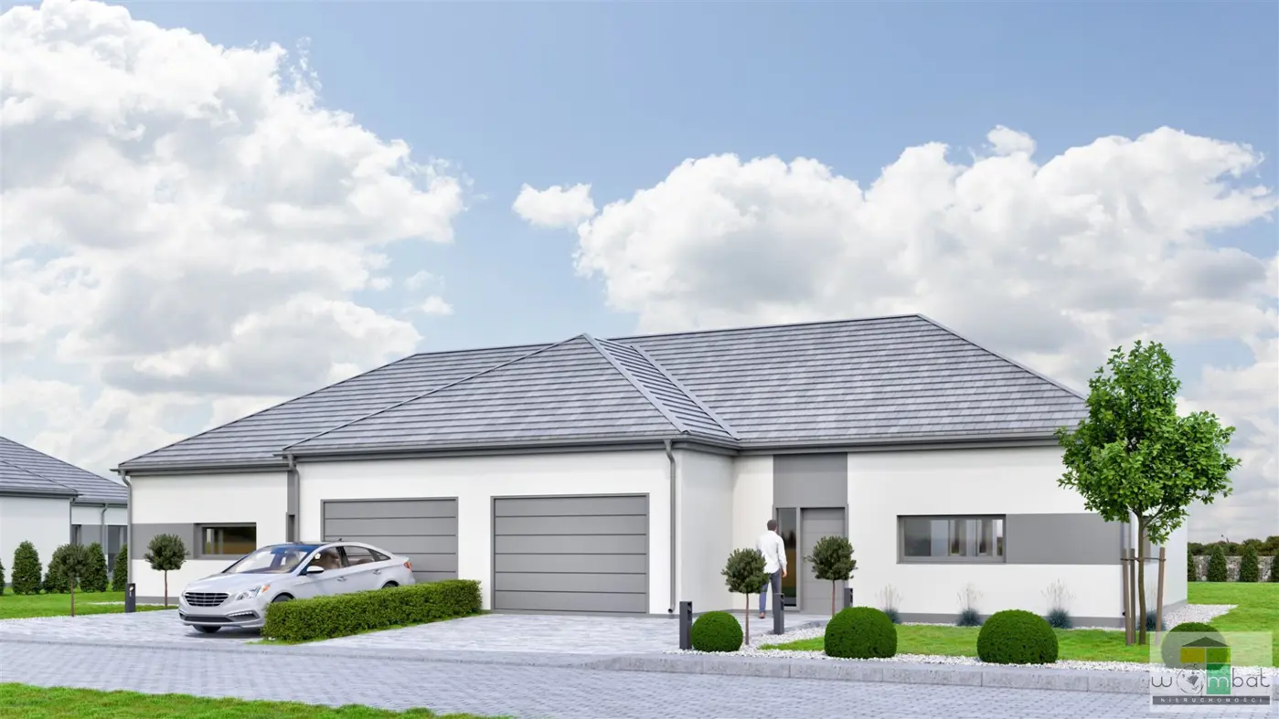 Nowoczesny dom parterowy w zabudowie bliżniaczej.