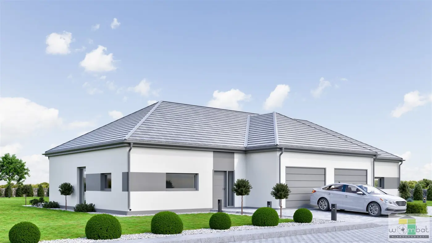 Nowoczesny dom parterowy w zabudowie bliżniaczej.