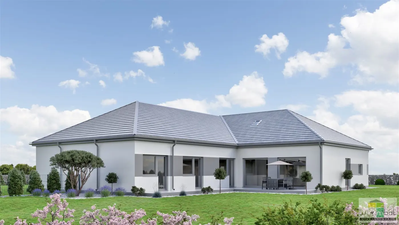 Nowoczesny dom parterowy w zabudowie bliżniaczej.