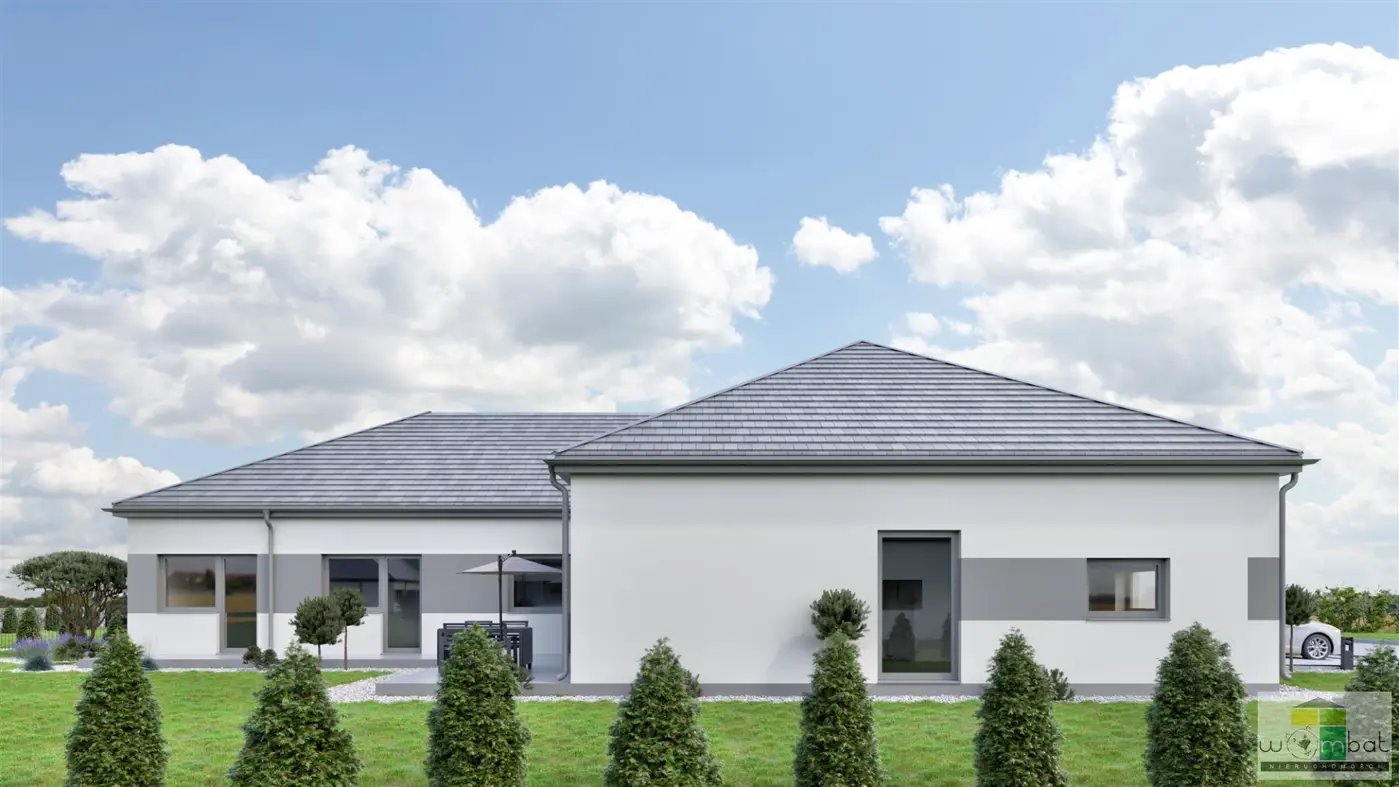 Nowoczesny dom parterowy w zabudowie bliżniaczej.