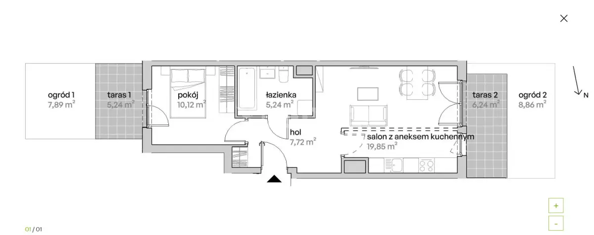 42m2/ 2 pokoje taras ogród.