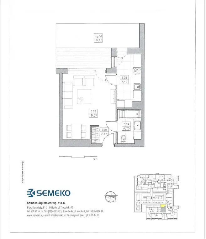 Kawalerka z oddzielną kuchnią ogródkiem na patio